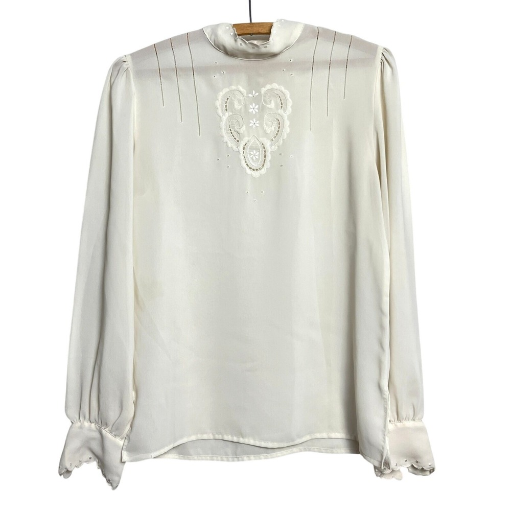 Vintage White Cream Sheer Art Deco Floral Embroidered Long Sleeve Blouse M‎